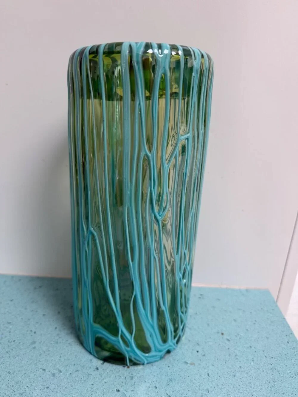 Murano Handblown Translucent Vase With Melted Threads Green Aqua Vintage